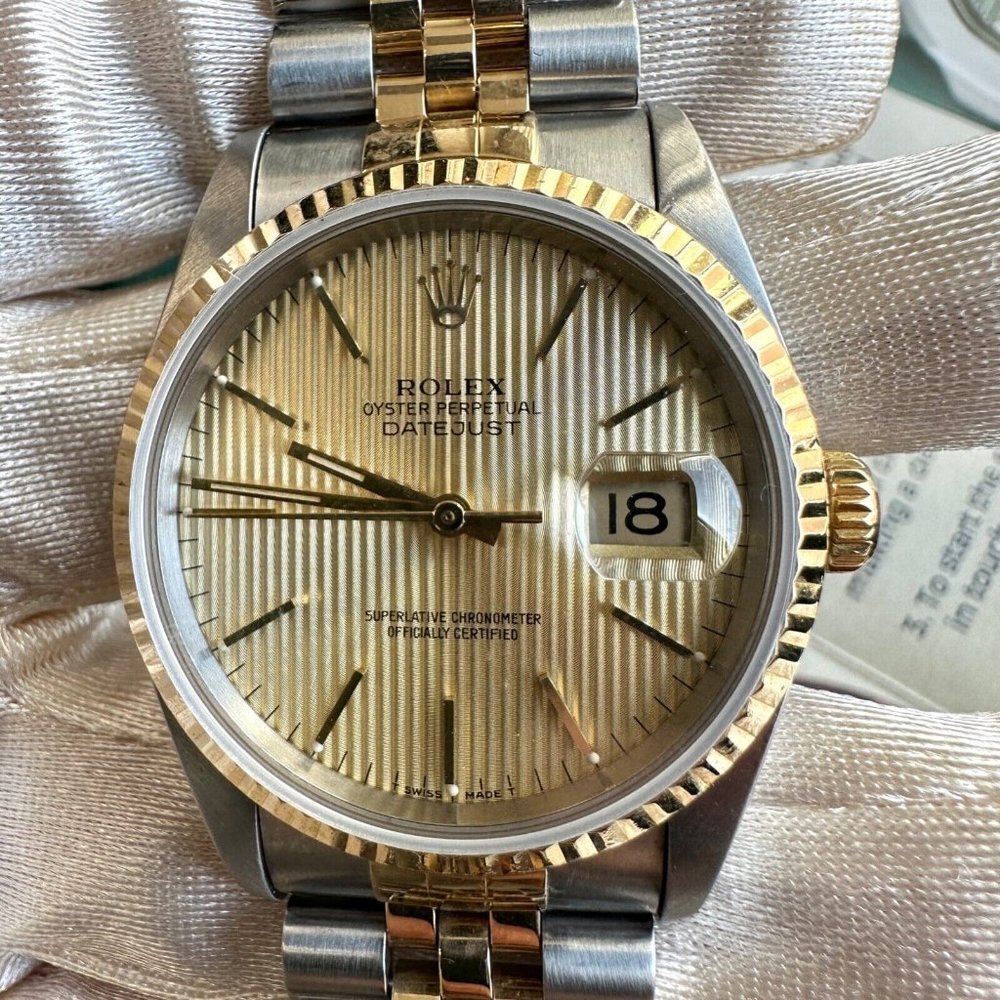 ROLEX DATEJUST CHAMPAGNE INDEX DIAL 18K FLUTED JUBILEE TWOTONE WATCH 36MM 16233